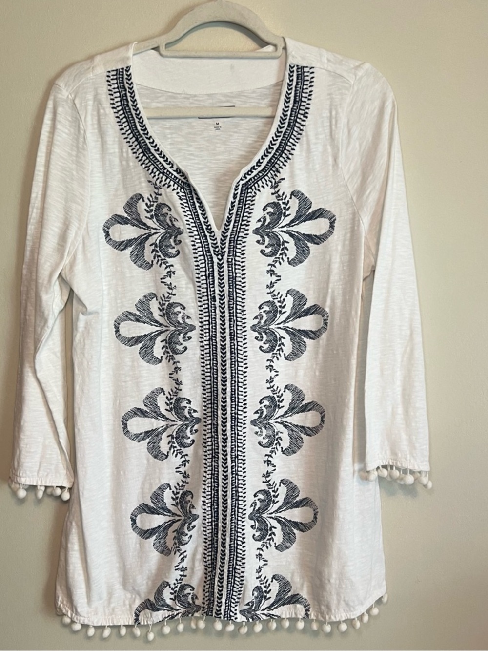 Charter Club White And Navy Embroidered Tunic Top with Accents 100% cotton